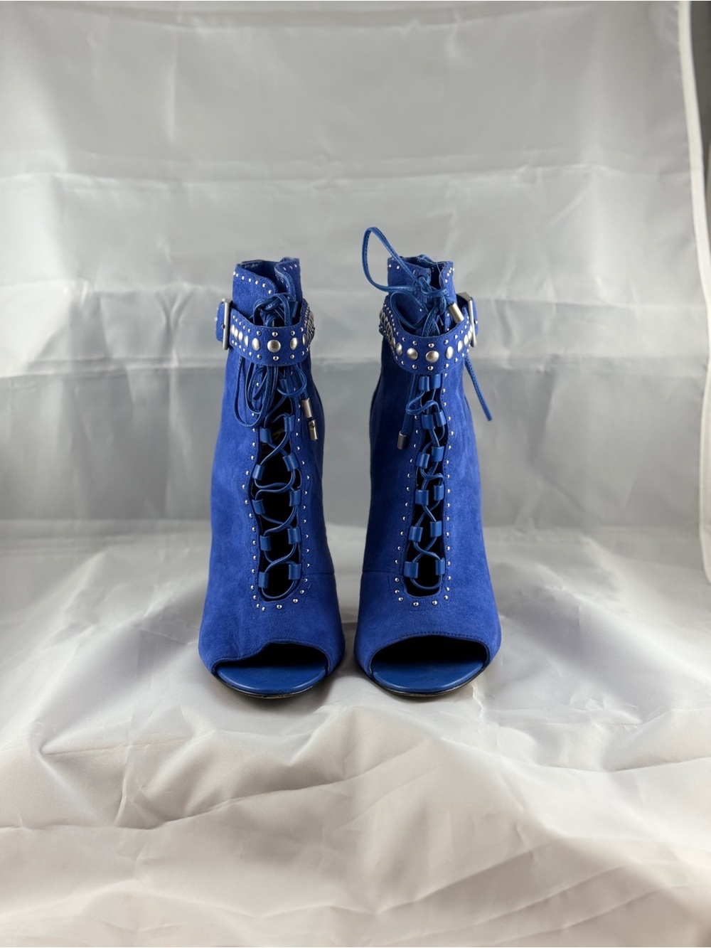 Brian Atwood Cobalt Blue Suede Studded Lace-Up Peep Toe Booties Size 6.5